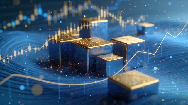 Fintech data visualization golden cube wave digital finance background with glowing particle depth and abstract stock chart line flowing upward modern technology energy concept and abstract 3d cube