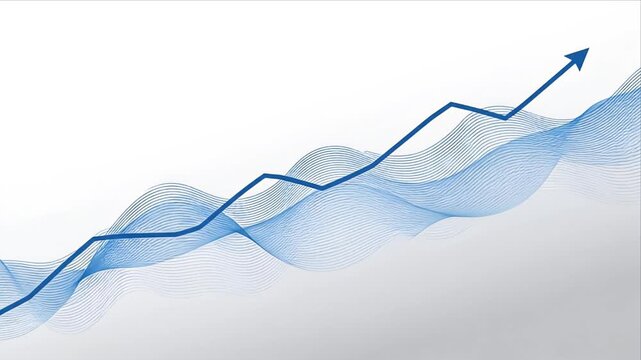 Fintech data visualization blue line graph growth trend wave with rising arrow financial chart abstract background upward trend modern analytics digital finance investment economy concept
