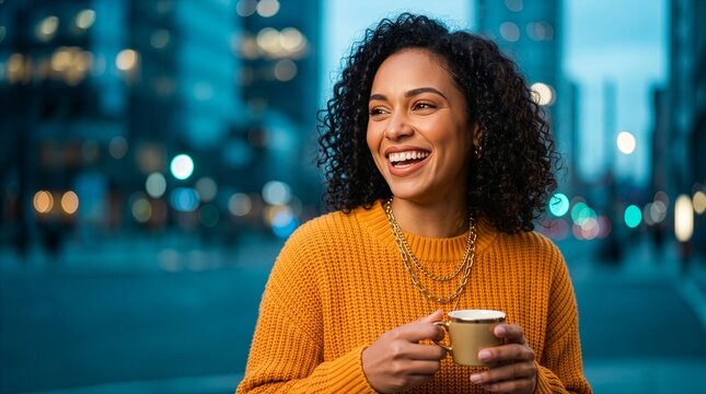Happy Young Woman in Mustard Sweater Holding Coffee Cup on Urban City Street at Twilight
