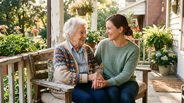 Smiling elderly woman in patterned cardigan and younger woman in green sweater sit on porch bench holding hands, senior, support, family, porch.