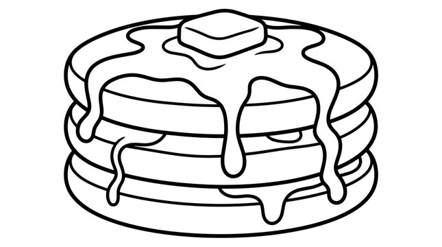 Stack of three fluffy pancakes with melting butter and syrup, line art illustration isolated on white background