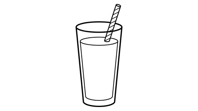 Tall glass of milk with striped straw, simple line art illustration on white background, isolated graphic element