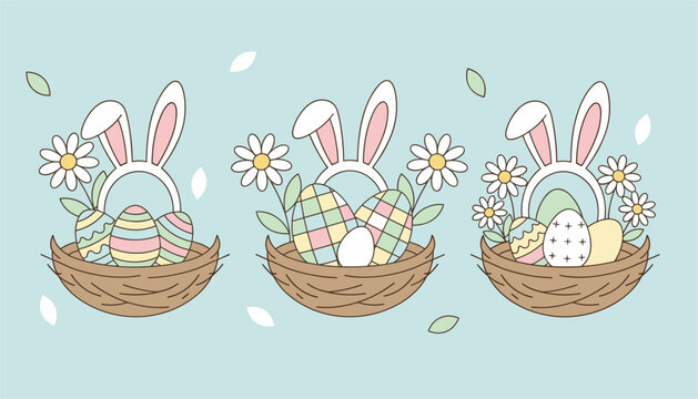 Set of three cute easter baskets filled with decorated eggs pussy willows and bunny ear headbands.