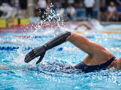 Para Athlete with Arm Prosthesis Swimming Freestyle in Competition
