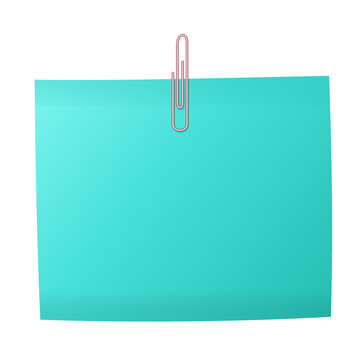 Blank light blue square sticky note attached with a metallic pink paperclip isolated on white transparent background