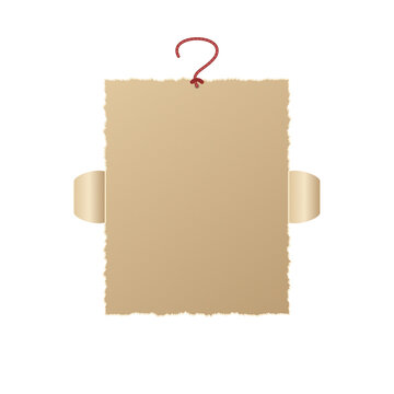 Blank textured paper sign with torn edges hanging on a red hook transparent background