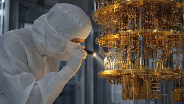 Scientist wearing full white suit inspects complex golden quantum computer with flashlight in high tech laboratory environment
