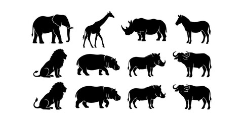 Obraz premium Wild African Animals Silhouette Collection Featuring Elephant Giraffe Rhino Horse Lion Hippo Warthog and Buffalo