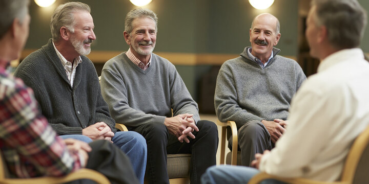 A diverse group of five senior men sitting in a circle, engaged in conversation and sharing smiles. They appear relaxed and comfortable, suggesting a supportive and friendly atmosphere