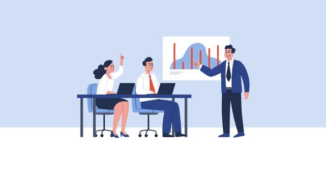 Three cartoon business characters presenting a data chart in a modern office setting, corporate team meeting and data analysis presentation concept, colorful vector animation loop.