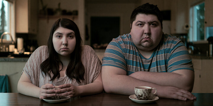 A couple sitting at a table with sad expressions and a cup of tea