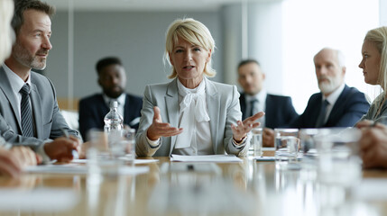 Fototapeta premium A diverse group of business professionals engaged in a lively discussion around a conference table. A confident female leader takes the center stage, actively gesturing as she speaks.