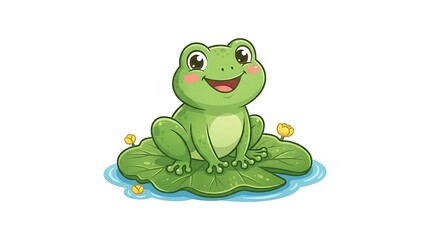 Fototapeta premium Cute Cartoon Frog Sitting on a Large Green Lily Pad in Clear Blue Water with Yellow Flowers