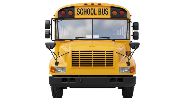 Front view of a classic yellow school bus ready to transport students safely PNG,isolated on transparent background.