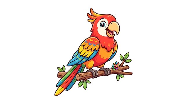 Cute Colorful Macaw Parrot Cartoon Illustration Perched on a Branch with Flowers