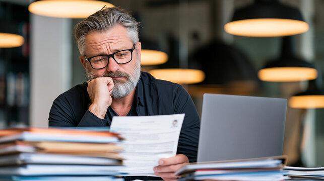 An older man with a beard and glasses sits at a desk, looking concerned as he reads a document. A laptop and stacks of papers are on the desk, suggesting a workload or financial review