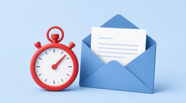 A red stopwatch beside a blue envelope containing a letter on a light blue background, symbolizing timely communication or quick mail delivery.