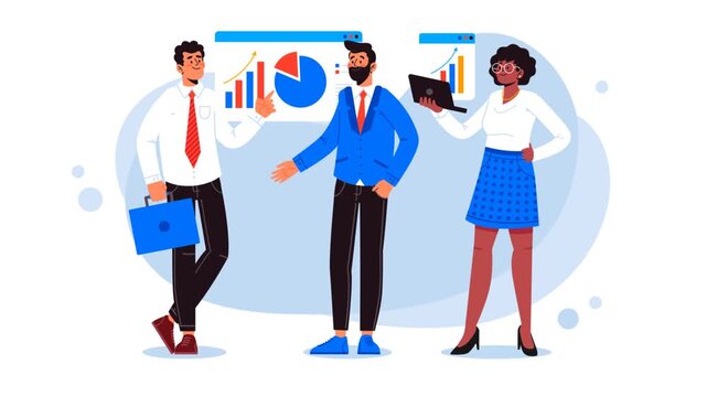 Three business people presenting data with charts on screen while man holds briefcase and woman uses tablet, modern corporate teamwork and data analysis presentation concept, vector animation.