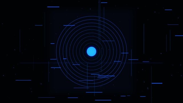 Futuristic blue digital target interface with concentric circles and scattered data lines on a dark background, representing technology and precision.