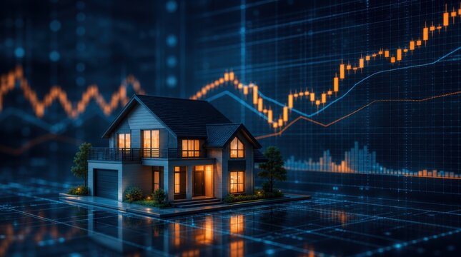 A miniature house model with illuminated windows sits on a reflective surface against a backdrop of rising financial charts and graphs.