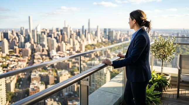 Businesswoman standing on high balcony overlooking metropolitan city skyline and skyscrapers during daytime