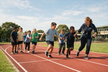 Diverse Group of School Children Running Happily on Outdoor Track with Supportive PE Teacher Holding Hands