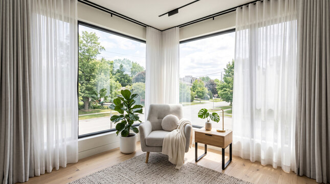 Modern living room with large windows and cozy seating area. Stylish interior design featuring natural light and elegant furniture arrangement.