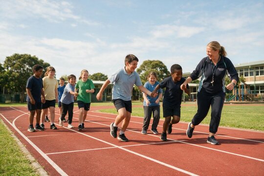 Diverse Group of School Children Running Happily on Outdoor Track with Supportive PE Teacher Holding Hands