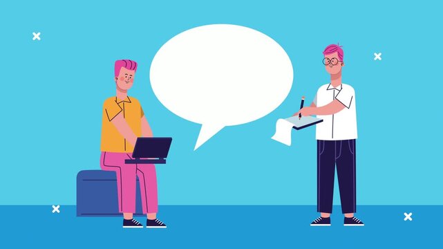 Two cartoon people with pink hair working at laptop and writing on notepad with white speech bubble floating between them, creative collaboration and communication concept, vector animation.