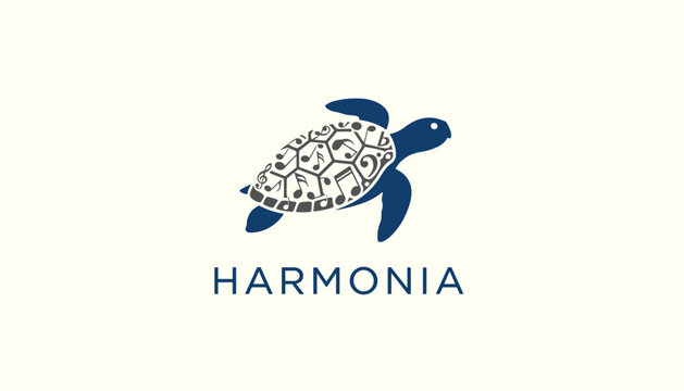 Creative logo design for Harmonia, featuring a stylized blue sea turtle with musical notes on its detailed shell.