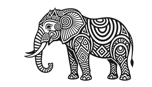 Tribal elephant design featuring complex black and white geometric patterns and mandala details over a plain white background.
