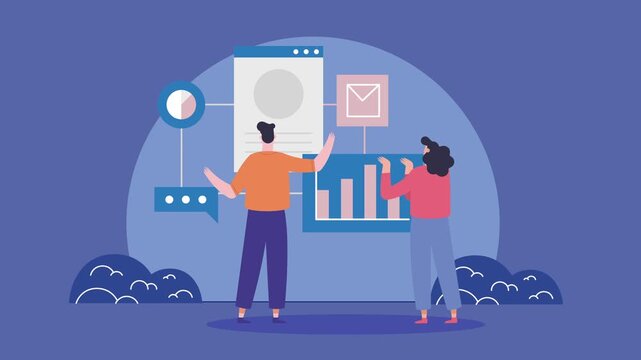 Two business professionals standing before digital displays of financial charts, email icons, and circle graphs, interactive data visualization and tech analytics concept, modern background.