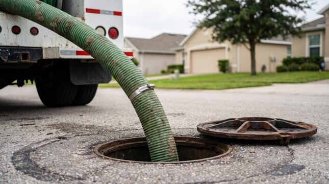 Heavy suction hose inserted into an open manhole for septic tank pumping service on a suburban street.
