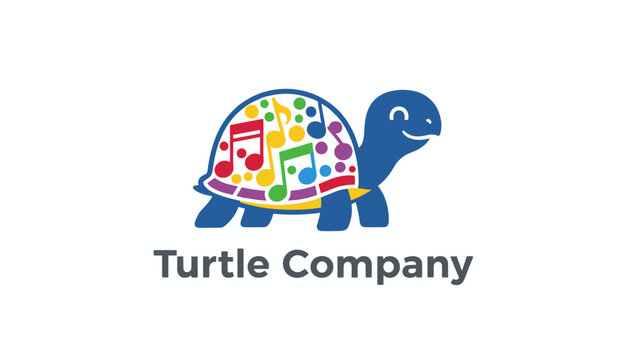 Fun logo design for Turtle Company featuring a cute blue cartoon turtle with vibrant colorful musical notes on its shell.