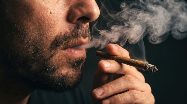 Close up portrait of a man smoking a hand rolled cannabis joint against a dark background.