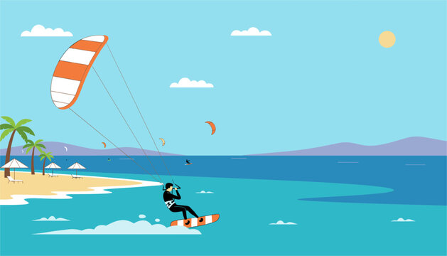 Kitesurfer performs an active jump over deep blue ocean water along a tropical sandy beach on a sunny day.
