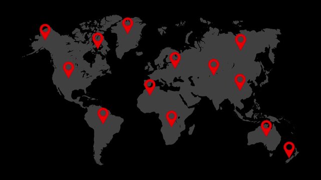 World map with red location pins marking different continents and regions, global distribution and travel destination concept background, modern abstract network graphic.