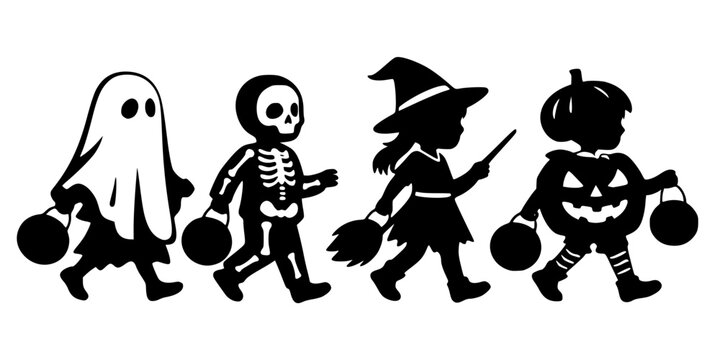 Black silhouettes of children in ghost, skeleton, witch, and pumpkin costumes carrying candy buckets. Bold vector artwork symbolizing trick‑or‑treat and spooky festivity.