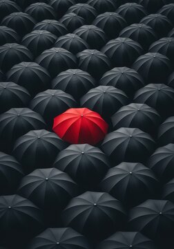 Unique Red Umbrella Standing Out from a Crowd of Black Umbrellas Conceptual Background for Leadership and Individuality