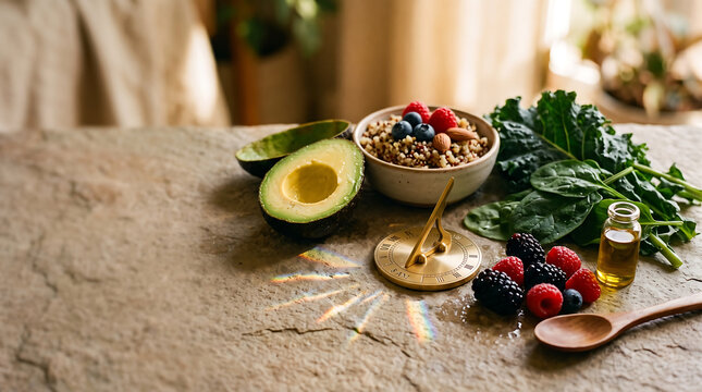 Healthy breakfast foods and a sundial illustrating the concept of chrononutrition on a stone background