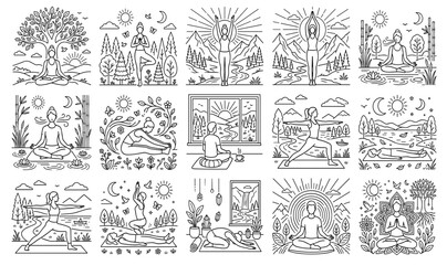 Obraz premium Yoga and Meditation Line Art Emblem Set Featuring Mystical Spiritual Practices Outdoor Mindfulness Rituals Celestial Moon Sun and Wellness Lifestyle Vector Graphics