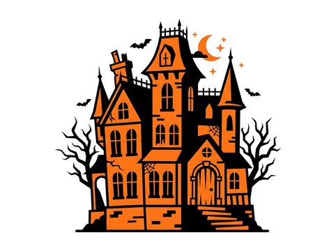 Old Medieval Castle in the Night, Fantasy Fortress with Towers, Flag and Silhouette Walls, Fairytale Village Architecture Vector Illustration