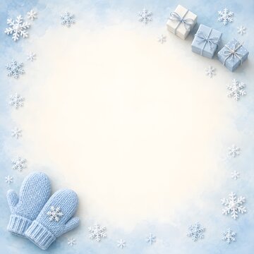 Watercolor style winter frame with blue mittens pair, snowy cozy border