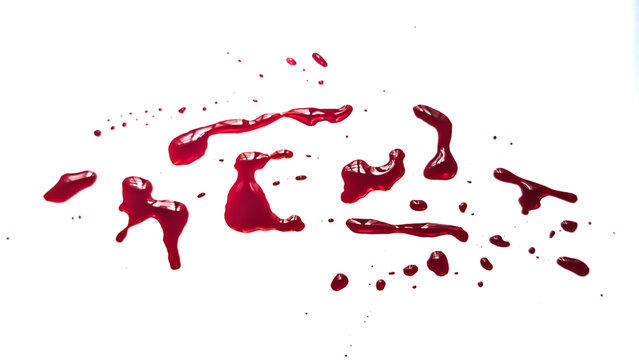 Glossy red liquid dripping, blood splatters and paint drops isolated on a white background.