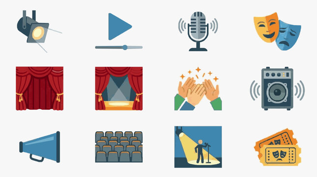 Industrial Set of Theater and Entertainment Icons with Stage Lights Curtains Microphone Clapper Speakers and Applause