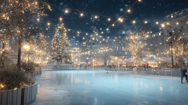 A festive outdoor ice rink in a city square, surrounded by twinkling Christmas lights and a giant tree, 8k, realistic, full ultra HD, high resolution, cinematic photography