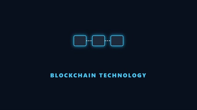 Blockchain technology concept with connected digital blocks and glowing neon network nodes for cryptocurrency and decentralized animation 4k