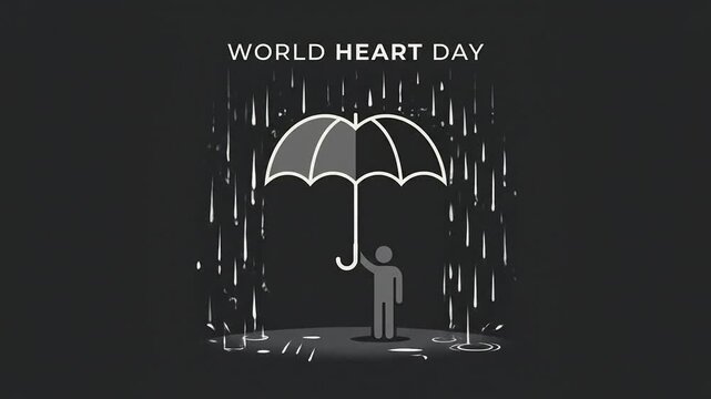 World Heart Day conceptual illustration with person under umbrella protecting heart in rain.