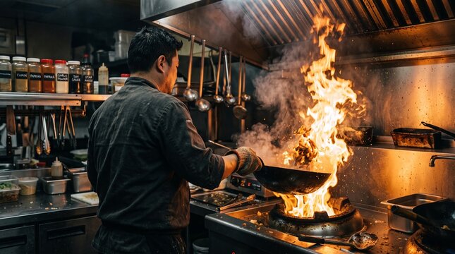 Flamboyant Wok Cooking: A chef masterfully cooks with a wok, creating a dramatic flare-up of fire in a professional kitchen, showcasing culinary skill and passion.
