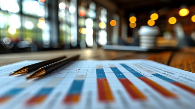 A close focus on business financial charts and colorful pie graphs laid out on a desk, indicating data analysis or strategic planning.